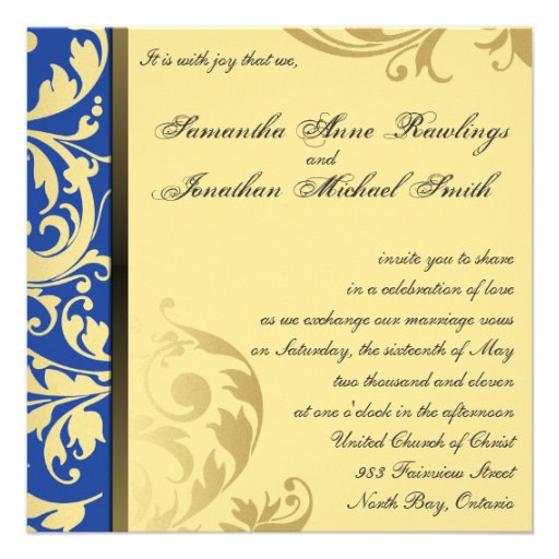 Wedding Invitation Blue Gold Shimmer Floral Swirls