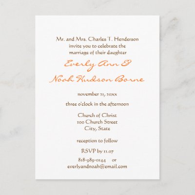 Wedding Invitation Brown and Orange Font on White Post Cards by samack