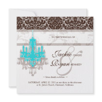 Wedding Invitation Chandelier Blue Brown Damask