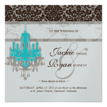 Wedding Invitation Chandelier Blue Silver Damask