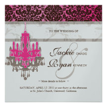 Wedding Invitation Chandelier Pink Silver Damask