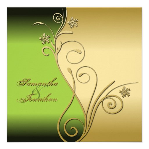 Wedding Invitation Classy Green Gold Floral Swirls