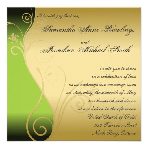 Wedding Invitation Classy Green Gold Floral Swirls