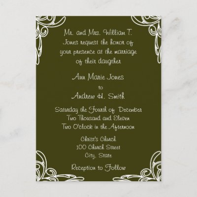 Wedding Invitation Corners Swirl on Olive Green Post Cards by samack
