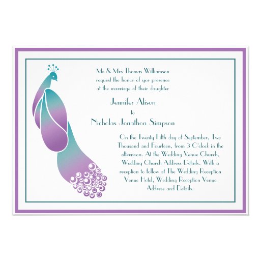 Wedding Invitation Deco Peacock in Teal and Purple