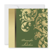 Wedding Invitation Forest Green Gold Floral Swirls