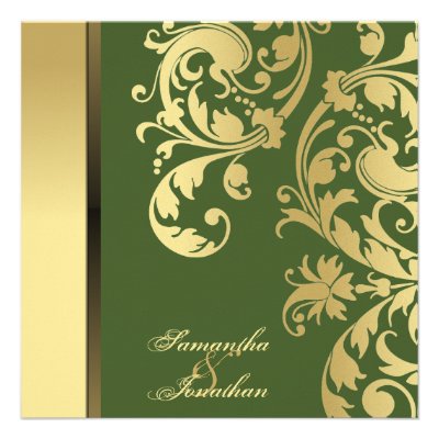 Wedding Invitation Forest Green Gold Floral Swirls