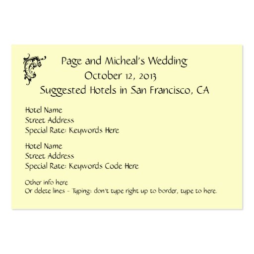 Wedding Invitation Hotel  Reservation Suggestion Business Cards (front side)
