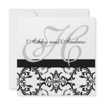 Wedding Invitation Monogram Black Swirl Damask
