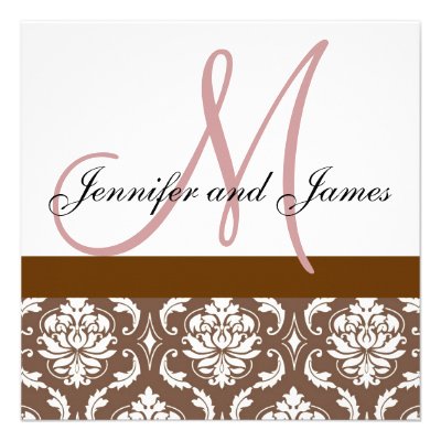 Wedding Invitation Monogram Brown Pink Damask