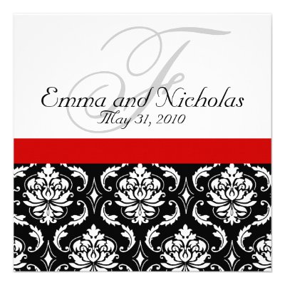 Wedding Invitation Monogram Damask Red Back View