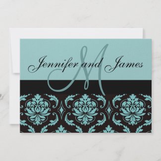 Wedding Invitation Monogram Names and Blue Damask invitation