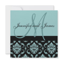 Wedding Invitation Monogram Names Blue Damask