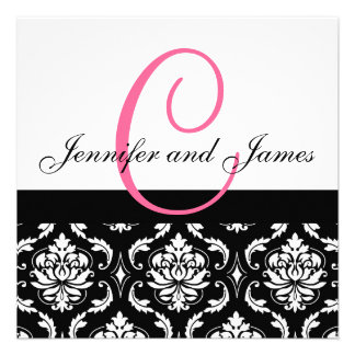 Wedding Invitation Monogram Names Hot Pink Damask