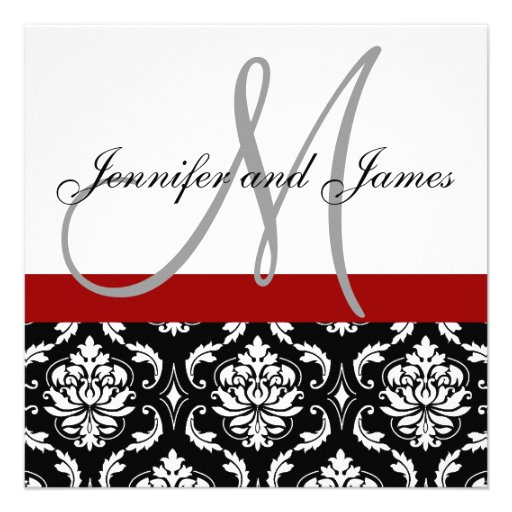 Wedding Invitation Monogram Names Hot Red Damask