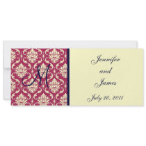Wedding Invitation Monogram Pink Damask Navy Ivory