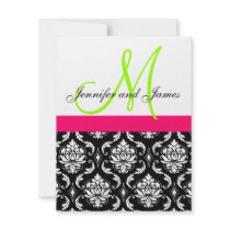 Wedding Invitation Monogram Pink Lime Green Damask