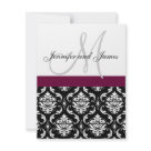 4.25x5.5 - by Elke Clarke©2009. More designs available at Luxury Wedding Invites Website and WhiteWhimsicalWeddings.com and WhiteWhimsicalWeddings.blogspot.com. Customize with your monogram names and wedding colors. Add all your wedding information on the back of the card using Zazzle's easy to use menu prompts. Maztching RSVP Card  Wedding RSVP Card Wine Damask Monogram & Names by monogramgalleryBrowse more Wedding Invitations   Wine Black White Damask Wedding Monogram Postage by monogramgalleryBrowse Wedding Postage 