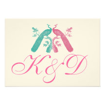 Wedding Invitation Peacocks Monograms Pink Blue