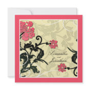 Wedding Invitation Pink Yellow Floral Leafy Swirl
