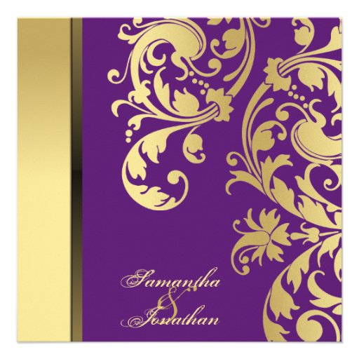 Wedding Invitation Purple Gold Shimmer Floral (front side)