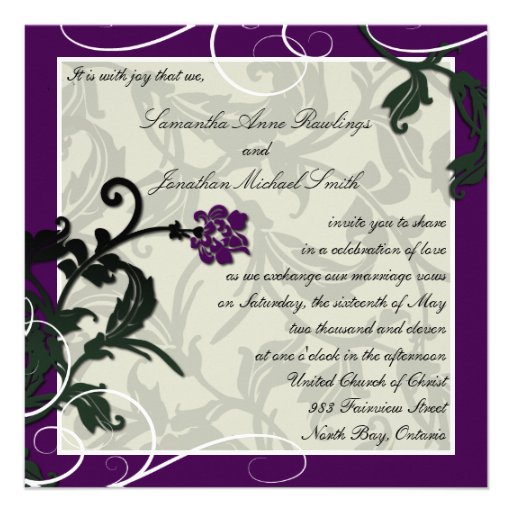 Wedding Invitation Purple Green Floral Leafy Swirl