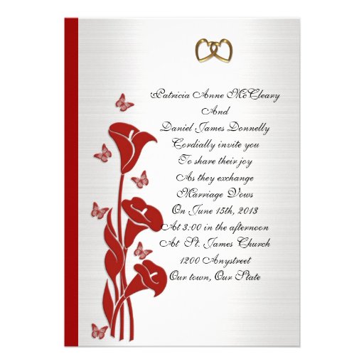 Wedding Invitation red calla lily and butterflies