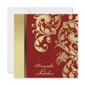 Wedding Invitation Red Gold Shimmer Floral Swirls