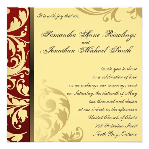 Wedding Invitation Red Gold Shimmer Floral Swirls