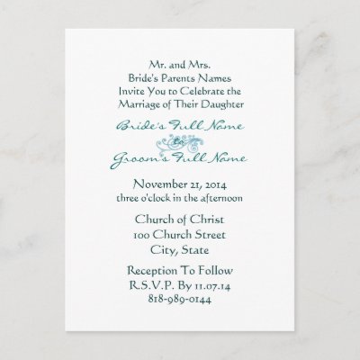 Wedding Invitation Sea Blue Font on White Post Card by samack