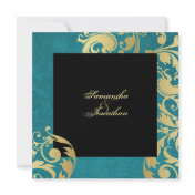 Wedding Invitation Teal Gold Black Shimmer Floral