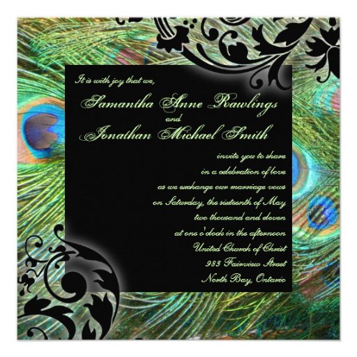 Wedding Invitation Teal Green Peacock Feathers
