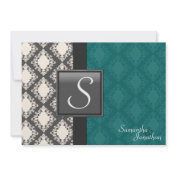 Wedding Invitation - Teal White Damask Monogram
