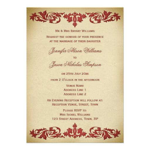 Wedding Invitation Vintage Leaf Scroll in Burgundy