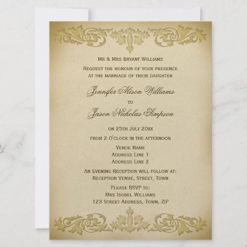 Wedding Invitation Vintage Leaf Scroll Style Beige invitation