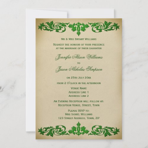 Wedding Invitation Vintage Leaf Scrolls in Green invitation