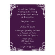 Wedding Invitation White Corners Swirl on Plum postcards