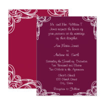 Wedding Invitation White Corners Swirl on Rasberry postcards