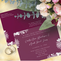 Wedding Invitation White On Plum Vintage Flowers postcards by samack Wedding Invitation White On Plum Vintage Flowers postcards