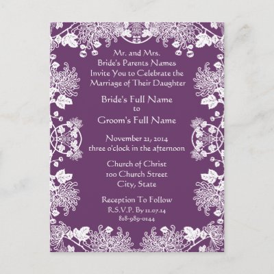 Wedding Invitation White On Purple Vintage Flowers Post Card by samack