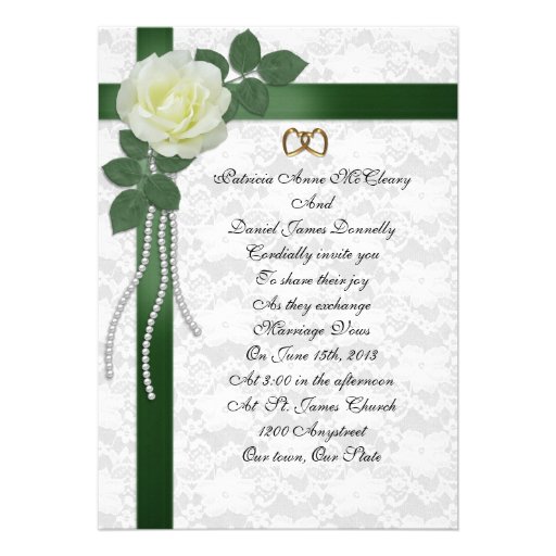 Wedding Invitation  white rose, green ribbons