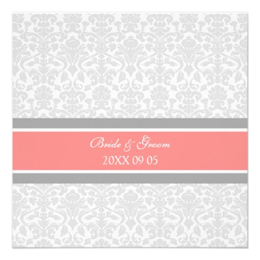 Wedding Invitations Coral Gray White Damask (front side)