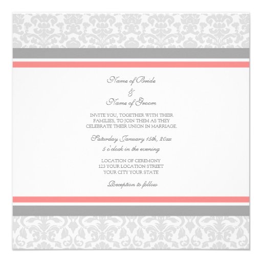 Wedding Invitations Coral Gray White Damask