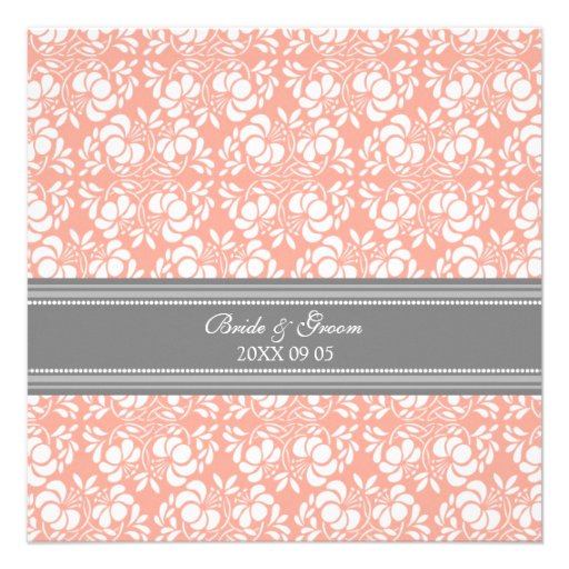 Wedding Invitations Coral Gray White Damask