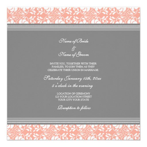 Wedding Invitations Coral Gray White Damask