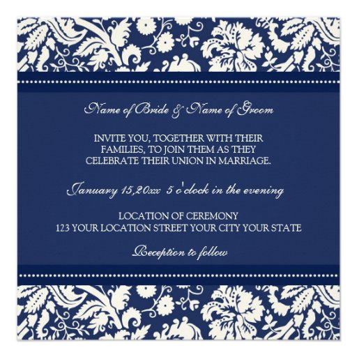 Wedding Invitations Dark Blue Cream Damask