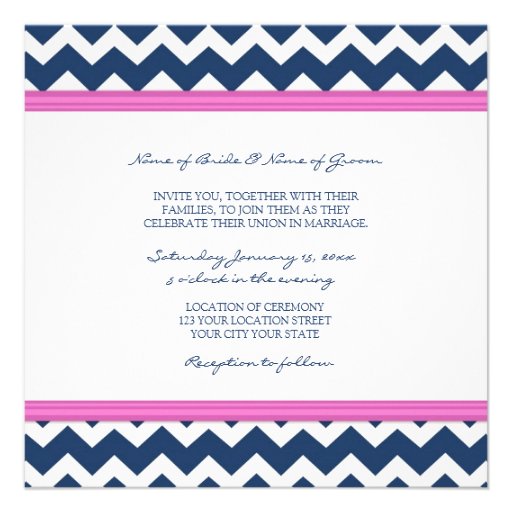 Wedding Invitations Dark Blue Hot Pink Chevron