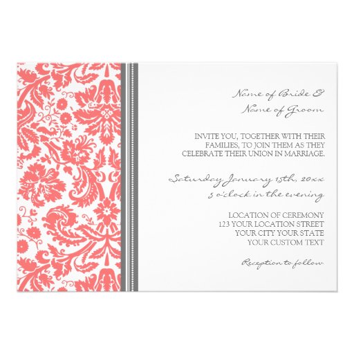 Wedding Invitations Grey Coral Damask Pattern