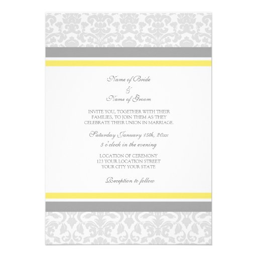 Wedding Invitations Lemon Gray White Damask