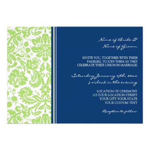 Wedding Invitations Lime Blue Damask Pattern